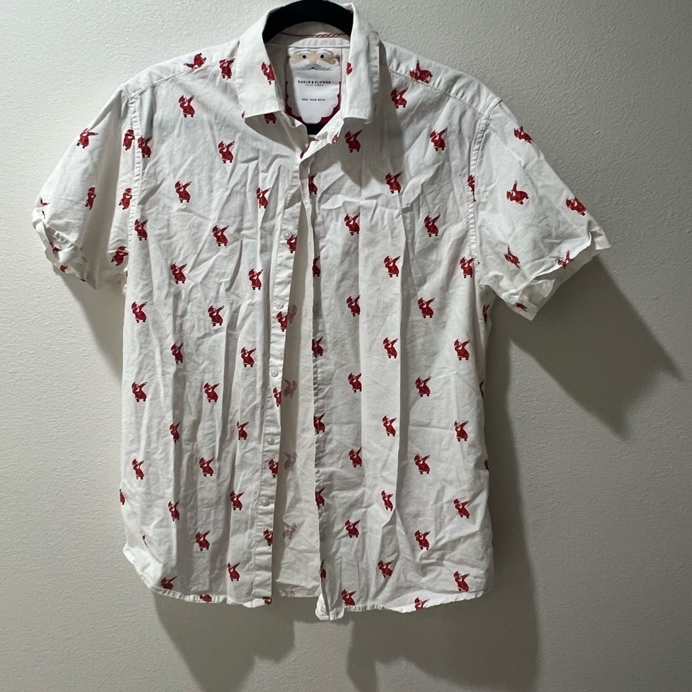 Denim & Flower Ricky Singh White Shirt with Red Santa pattern, Christmas, size M